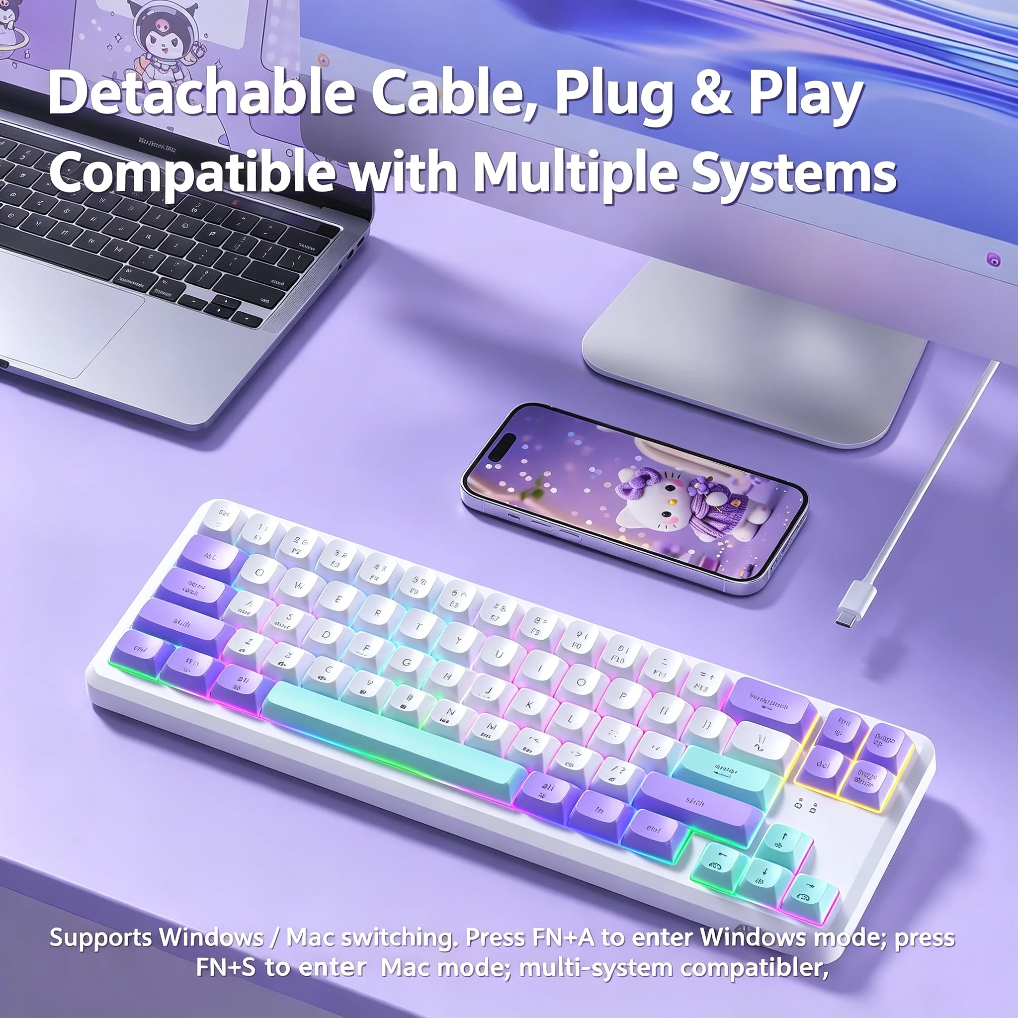 Teclado mecânico com 68 teclas, design ergonómico, retroiluminação RGB, sensação tátil mecânica, conexão por cabo, portátil, leve, ideal para escritór
