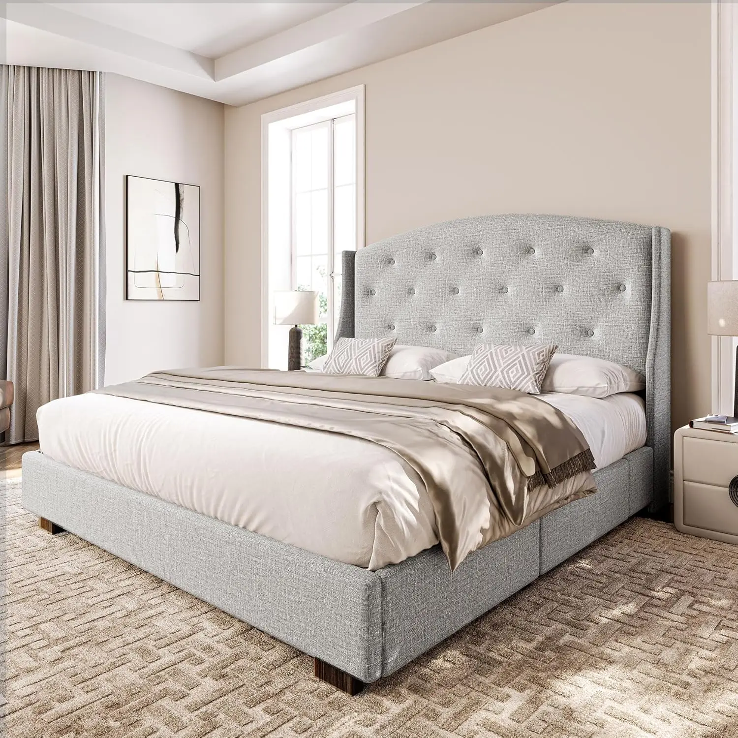 

Upholstered King Size Platform Bed Frame with Drawers, Button Tufted Headboard, Mattress Foundation with Wooden Slats Support