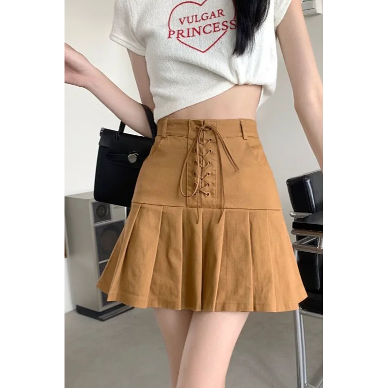 

2025 New Design High-waist Strap Pleated Slimming Anti-exposure A-line Skirt