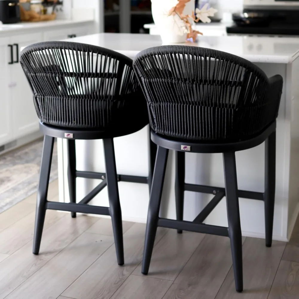 Bar Stools Counter Set of 2 Patio Metal Modern Wicker Rattan Bar Chairs Woven Aluminum Barstools with Back and Cushions