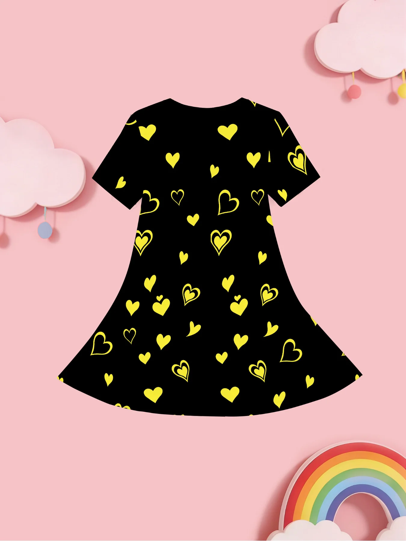 Girls Cartoon Kitten & Yellow Hearts Print Dress, Short Sleeve Black Pattern Skirt, Children Summer Casual Outfit