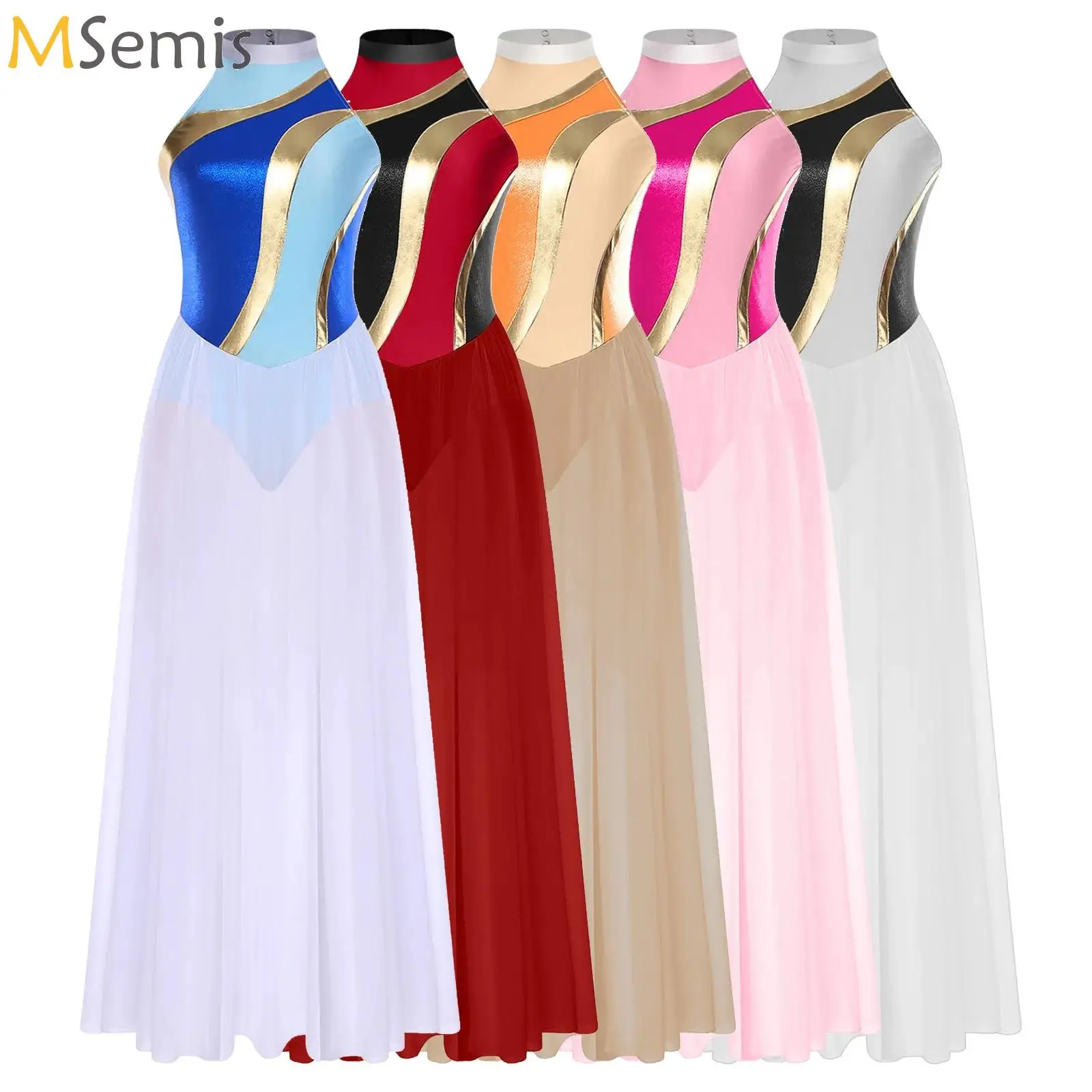 

Womens Ballet Maxi Dress Lyrical Latin Dance Performance Costume Sleeveless Flowing Overlay Chiffon Long Skirt Mesh Maxi Dress