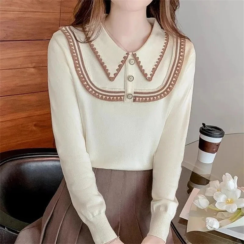 

2025 NewFashion Women's Knitted Sweater Baby Collar Long Sleeves Base Shirt Spring Autumn Winter Clothing Pullover Shirt Female