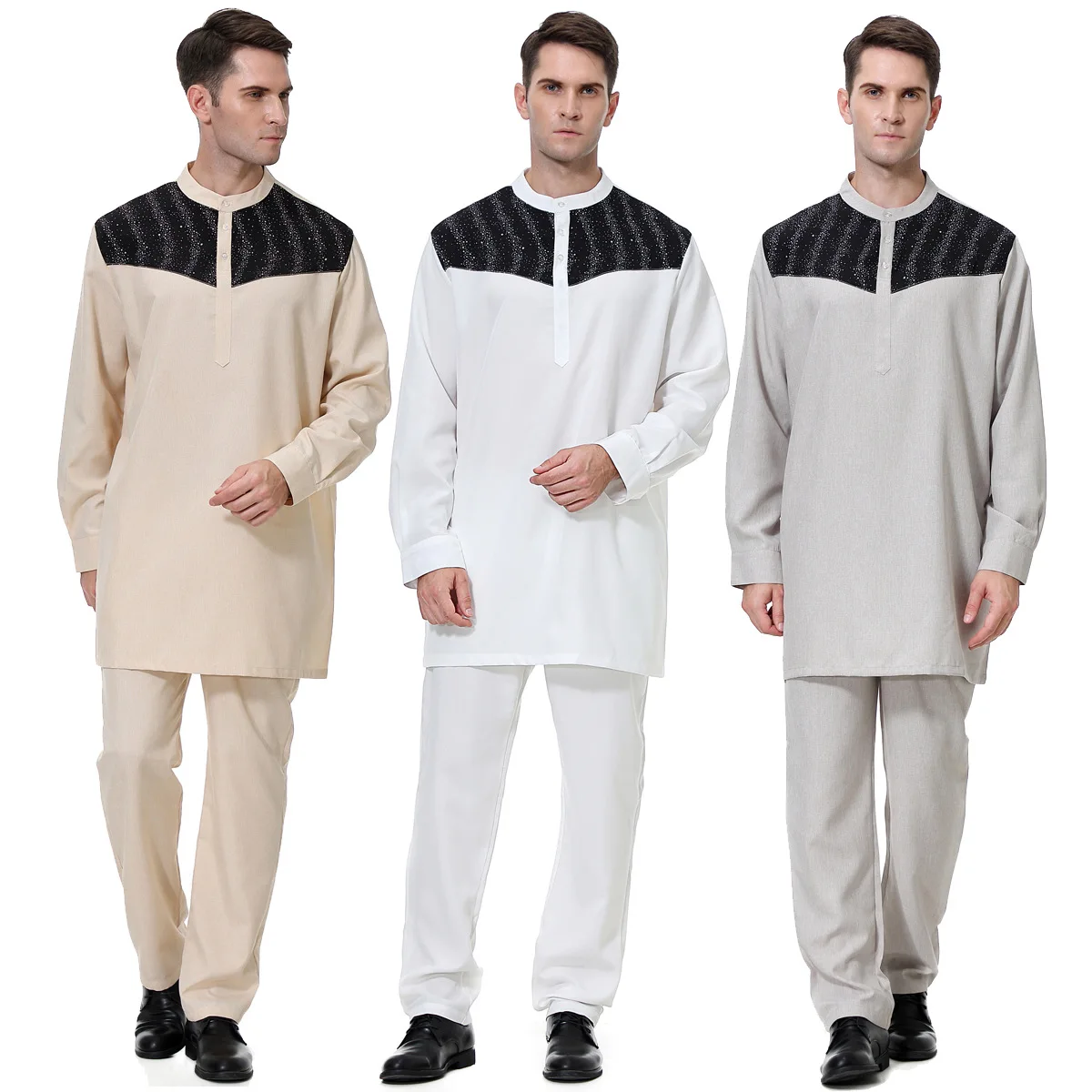 Men's Khaki Long Suit Long-sleeved Shirt and Trousers 2-piece Thobe Set