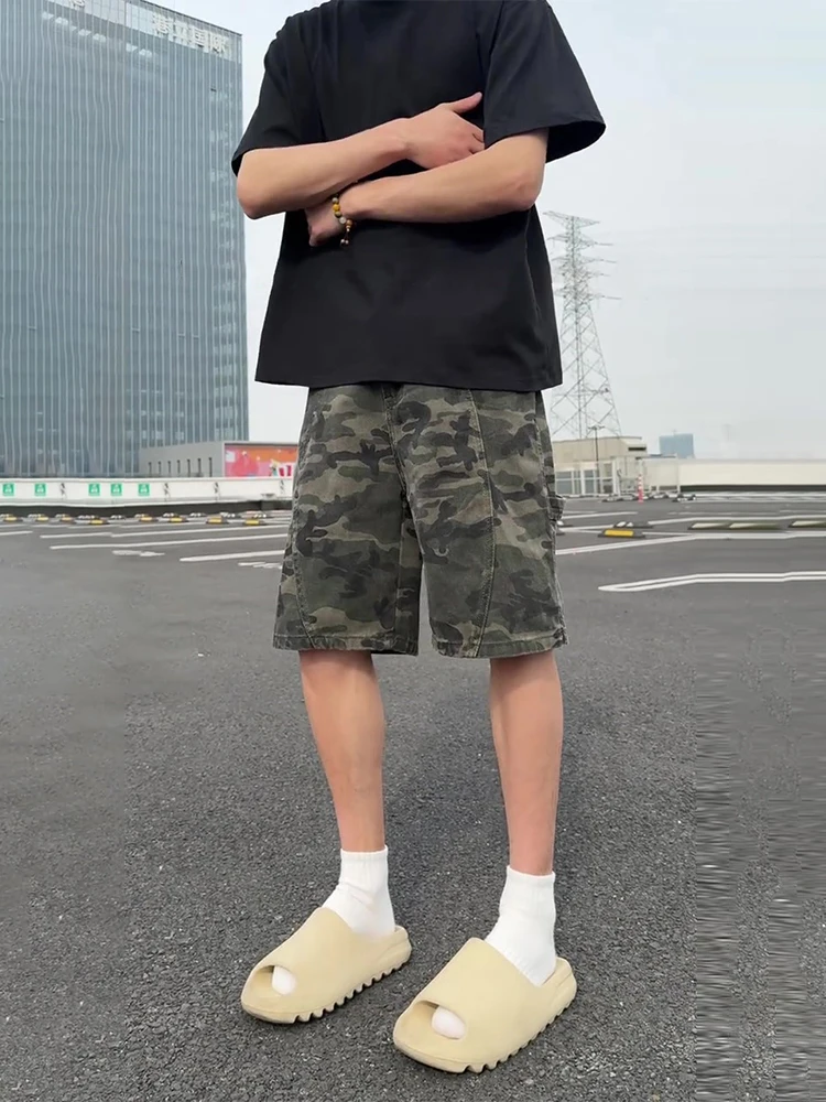

Американские ретро-шорты с камуфляжным принтом для мужчин, летние тонкие прямые спортивные брюки, повседневные молодежные модные шорты длиной до колена в стиле High Street Vibe