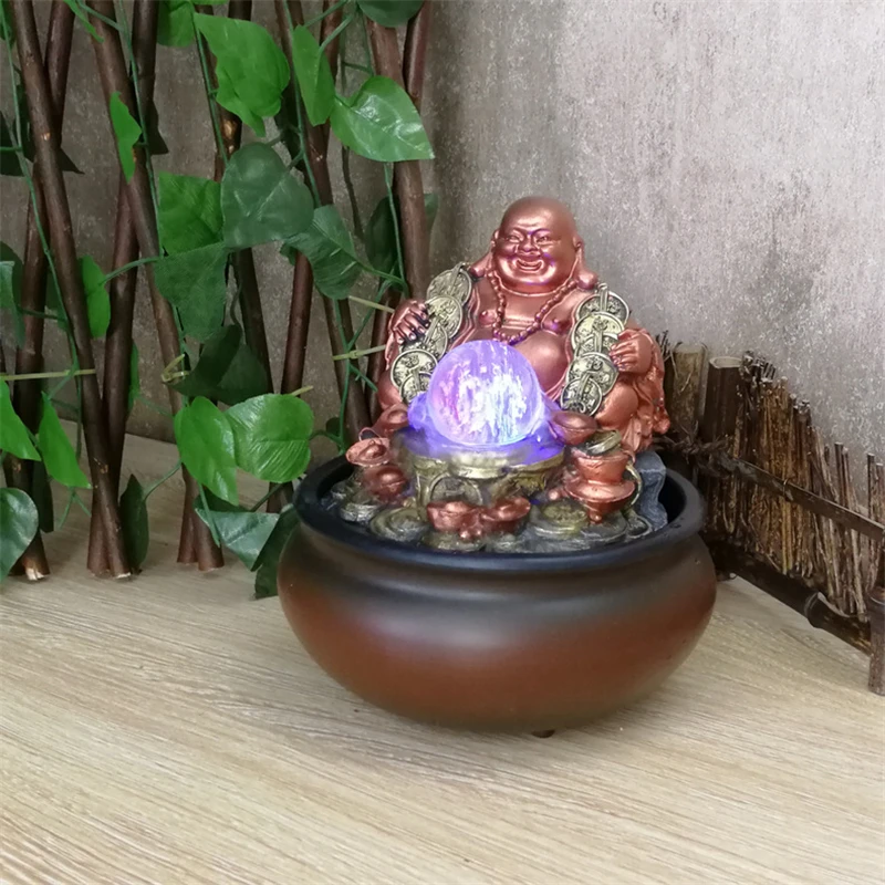 Imagem -04 - Lucky Money Maitreya Buddha Tabletop Ornamentos Led Light Ball Indoor Water Fountain Tea Pet Home And Office Decoration Feng Shui