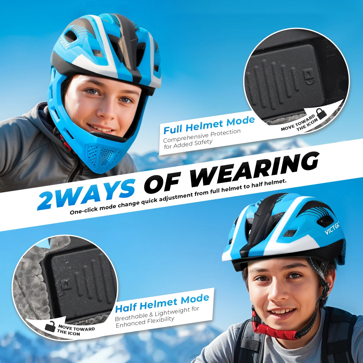 VICTGOAL Kids Bike Full Face Helmet Safety Taillight Cycling Protection Caps Balance Bike Roller Skating Detachable Full Helmets