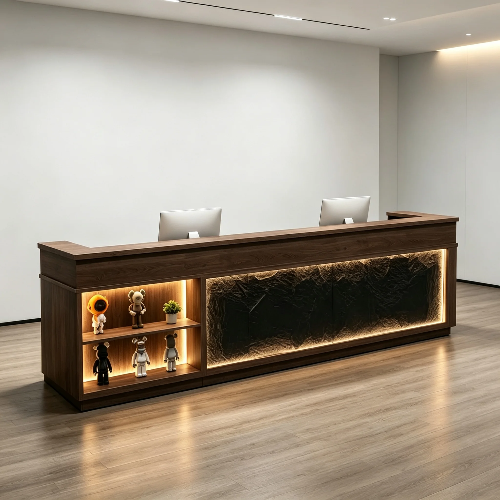 Custom Reception Desk LED Display Shelves Dark Slate Panel Front Counter Office