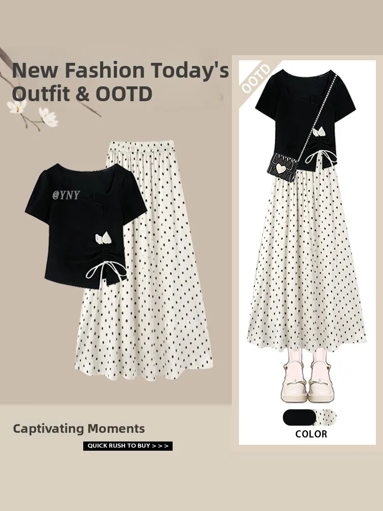 

Sweet Stylish Short Sleeve Waist-Cinching Top And Polka Dot Half Skirt Two-Piece Set for Young Women Summer Fashion Ensemble