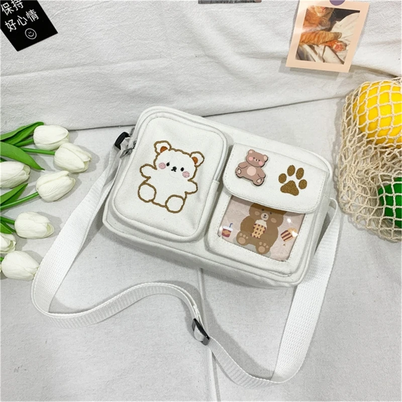 Bear Embroidery Crossbody Bag Canvas Shoulder Purse Stylish Bag Square Bag Student Bag for Teen Girls