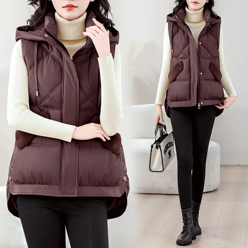 Autumn Winter Padded Vest Loose Solid Hooded Windproof Warm Women Jackets Pockets Waistcoat Fashion Daily Wear Outer Garment
