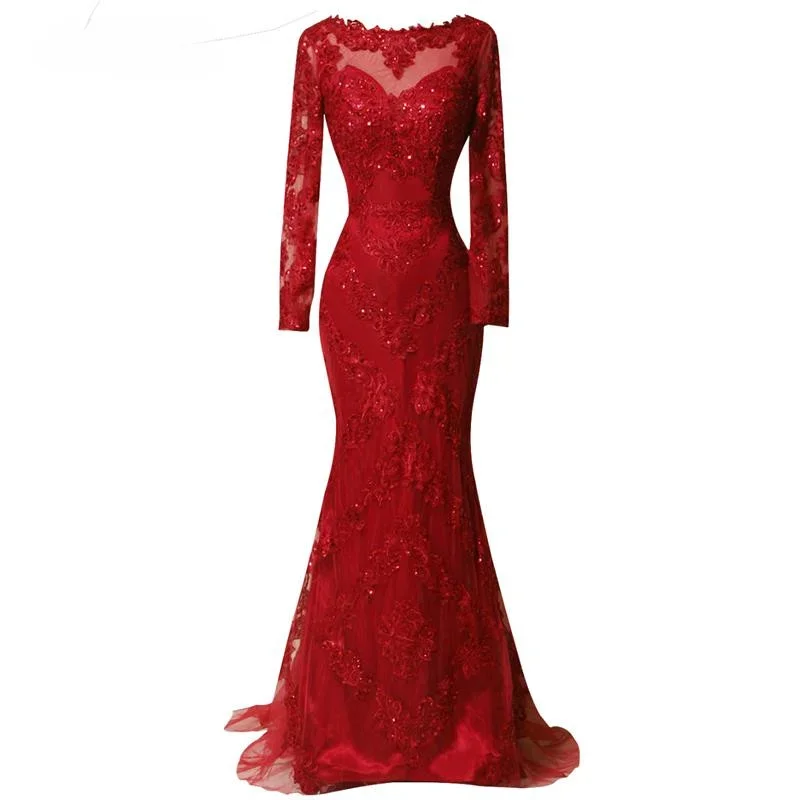 Real Photos Red Full Sleeved Evening Dress 2023 Lace Appliques Mermaid Prom Dresses Elegant Long Sweep Train Formal Party Gowns