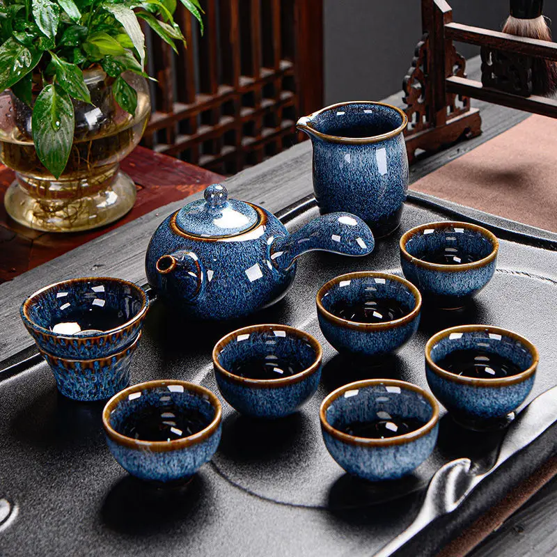 Kung Fu Tea Set Luxury Household Retro Ceramics Office Commerce Ru Kiln Kungfu High-end Chinese Tea Set With Cups and Kettle Bar