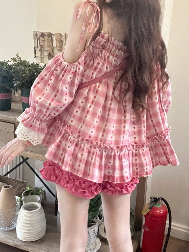 Fashion Kawaii Plaid Two Piece Set Women Sweet Loose Ruffled Tops  Casual Shorts Suit Summer Y2k Clothes Sutit Korean Sets