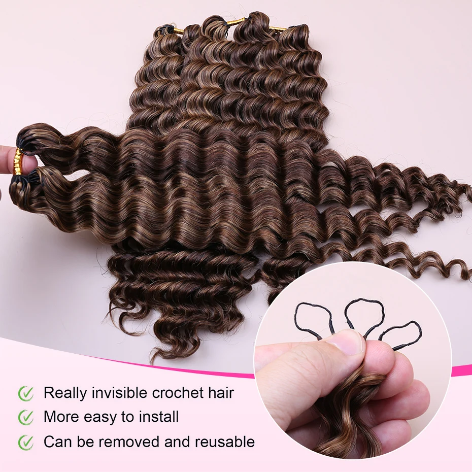 Miracle Knots Feather Crochet Hair Highlight Colored Deep Wave 100% Human Hair Pre Looped Pre-braided Feathered Crochet Invisible Knots Raw Vietnamese Human Hair Natural Deep Curly Bundles Locs Boho Braids Free Shipping view 3