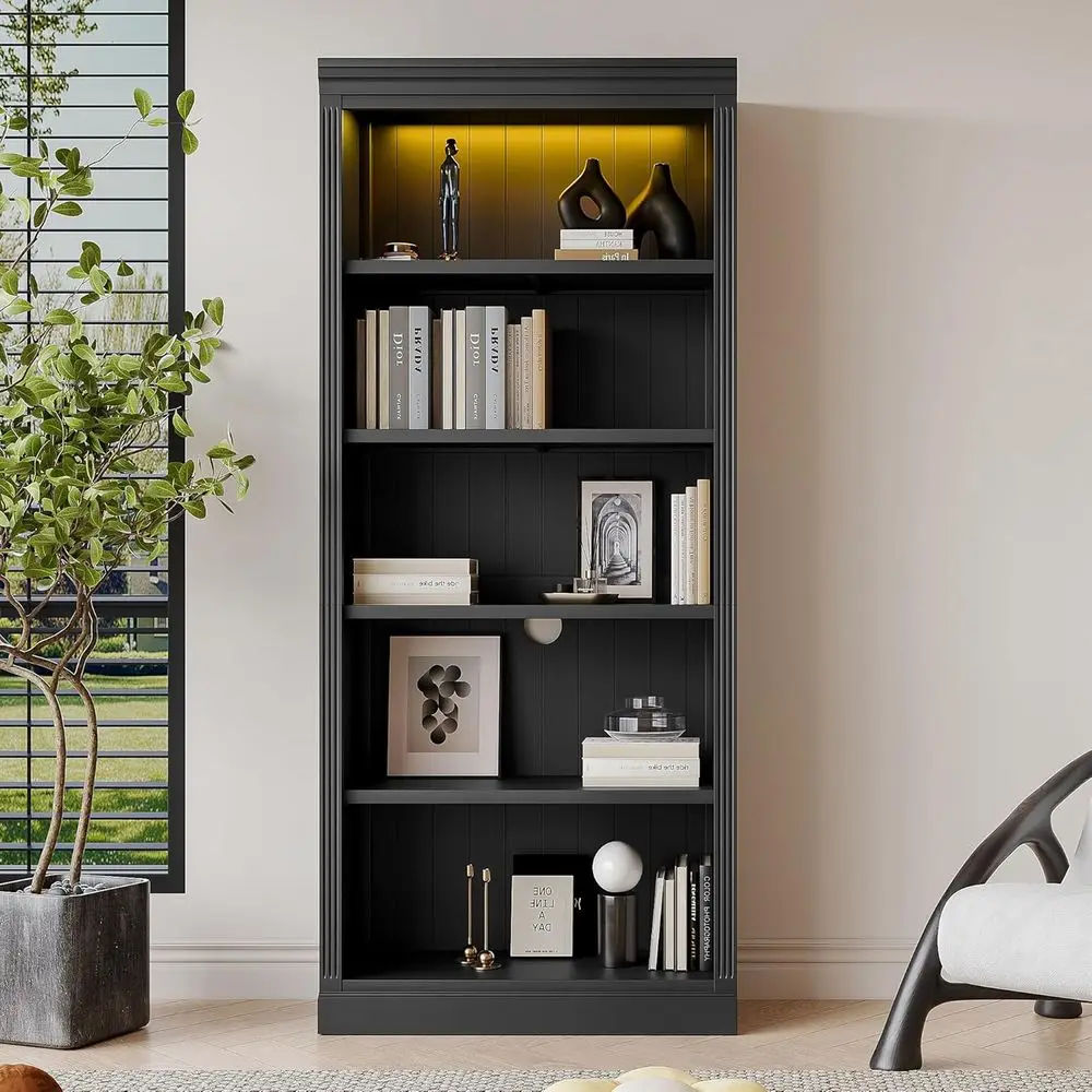 

5-Tier Adjustable Wood Bookcase with Light Strip, Storage Organizer for Books, CDs, and Movies, Ideal for Living Room or Home Of