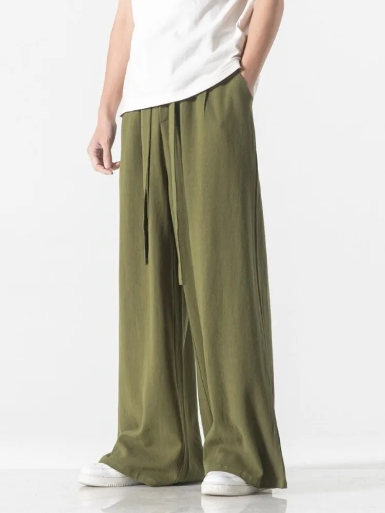 

Льняные брюки с широкими штанинами для мужчин, летние, тонкие, из хлопка и льна, свободные, прямые, в пол, повседневные, дышащие, легкие брюки