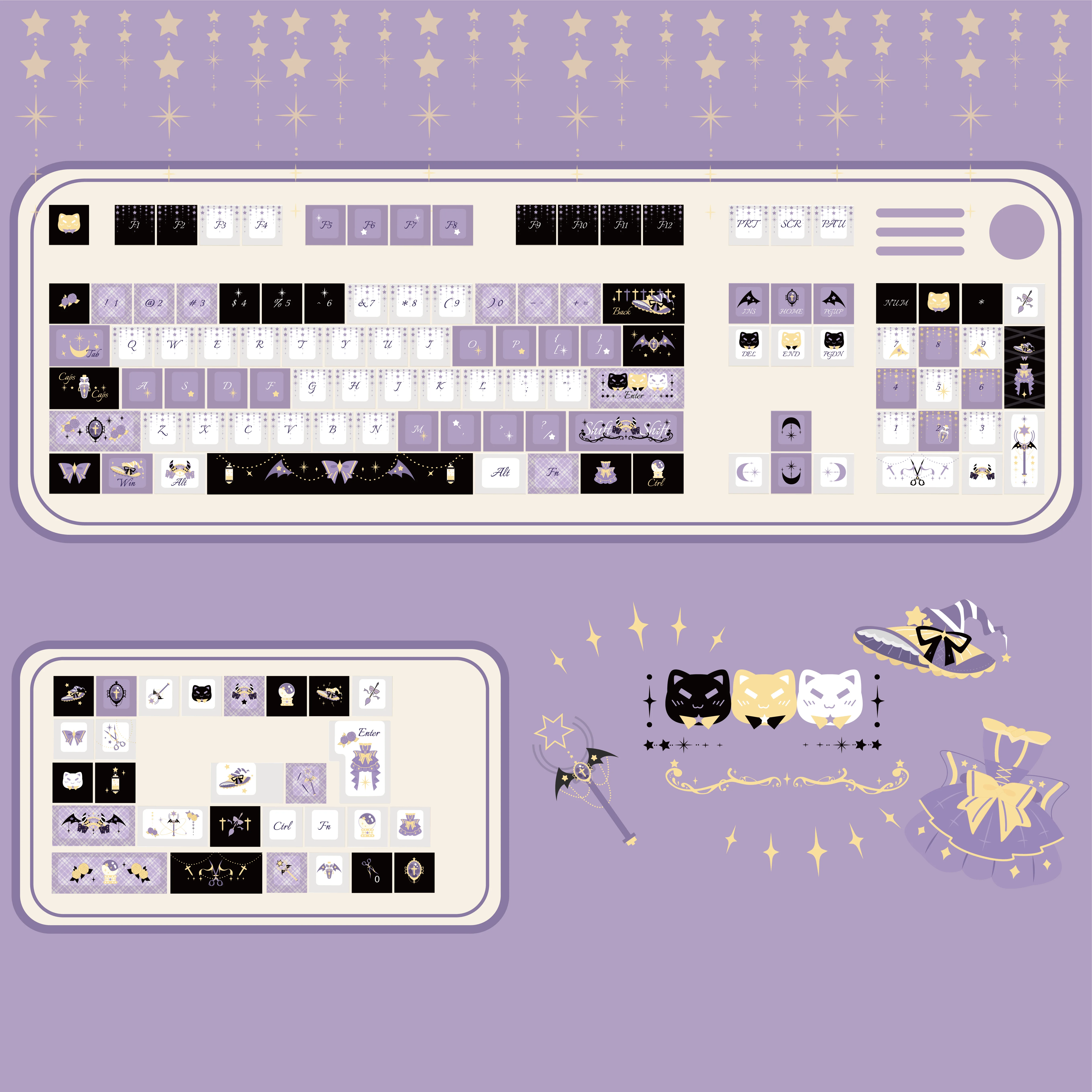 Cute Purple Keycaps Customized Keyboard Keycaps Alice Iso Layout Wish Witch MOA Pbt Sublimation 2.25/2.75U Space Bar