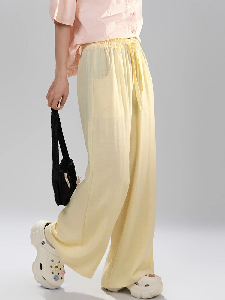 Yellow Casual Pants Women's High Waist Wide Leg Straight Tube Mixed Linen Loose Fit Drapey Summer  Lyocell Blend Pants