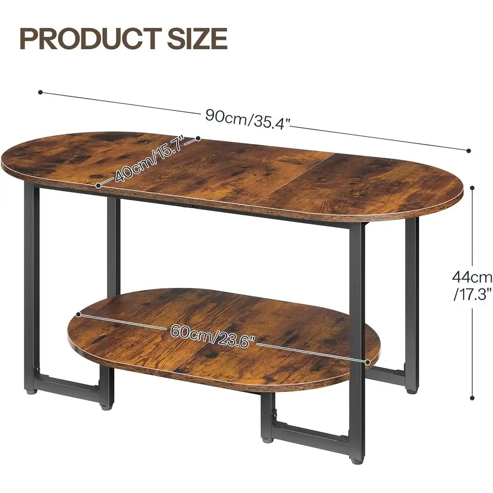 Rustic Brown 2-Tier Oval Coffee Table with Storage for Living Room & Home Office