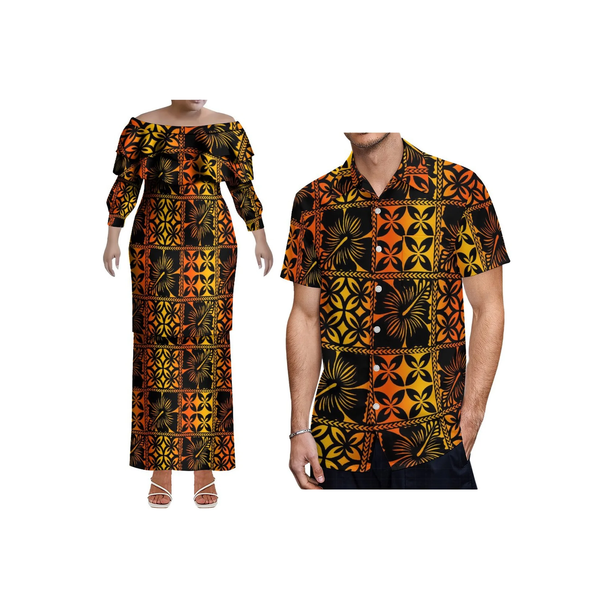 Custom Plus Size Double Layered Ruffle Dress Polynesian Puletasi Maxi Dress Lady off the Shoulder Dress Skirt Set Top and Skirts