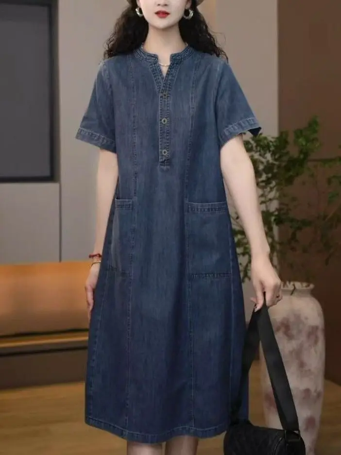 صيف 2025 المرأة Faionable خمر الدنيم الدكتور فضفاض التخسيس اللحوم تغطي منتصف طول مستقيم تنورة أنبوبية تخفيف غير رسمي