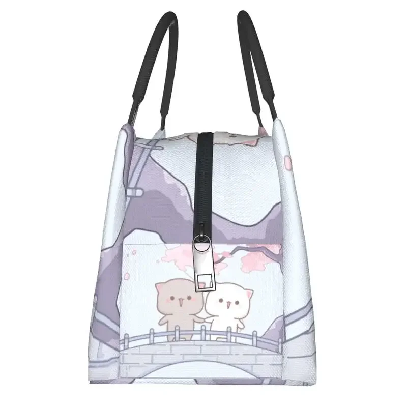 Romantic Peach And Goma Mochi Cat Thermal Insulated Lunch Bag Women Resuable Lunch Tote for Outdoor Picnic Storage Meal Food Box