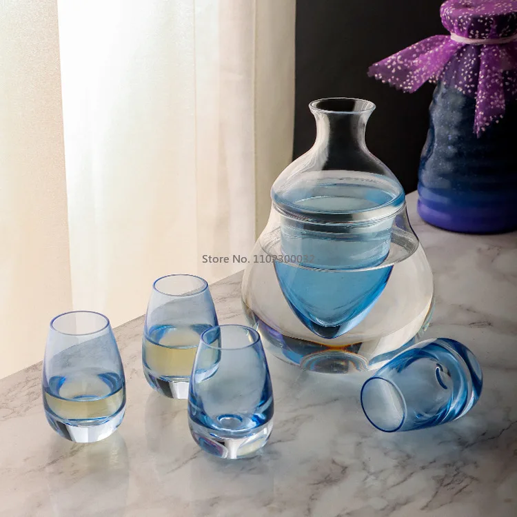 Blue Creative Japanese Sake Jug Set Peacock Blue Wine Glasses Crystal Sake Pot Cup Set Flagon Liquor Glass Dispenser