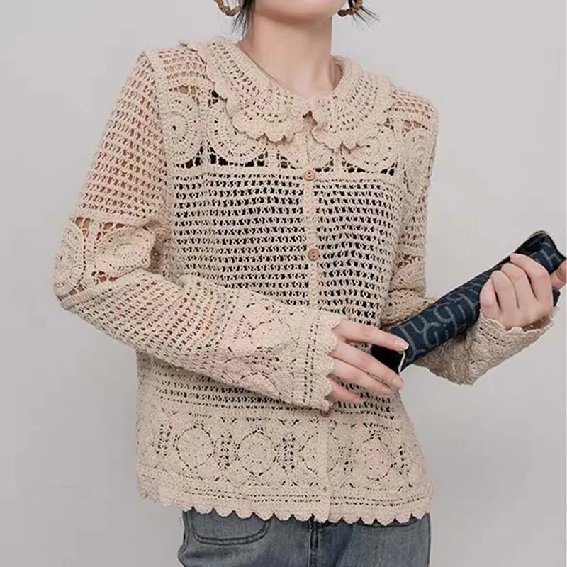 Boring Honey Sweet Temperament Lapel Crocheted Knit Cardigan Autumn New Design Hollow T-Shirt All-match Slim Loose Coat Top Wome
