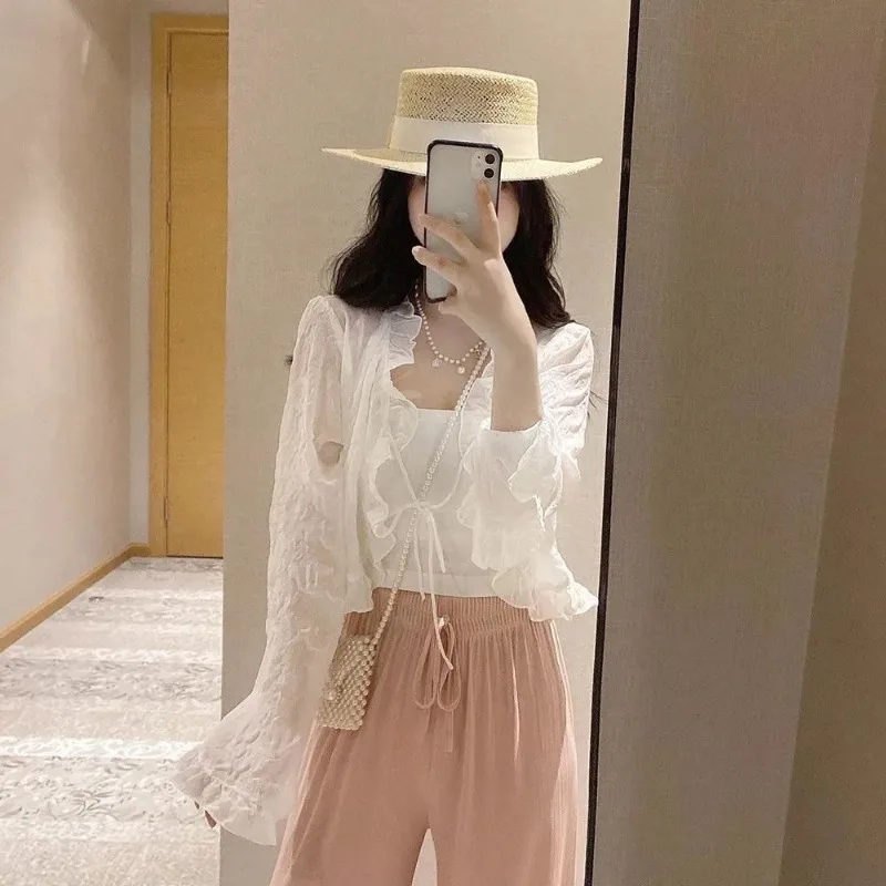 Chiffon Cardigan Women Korean Style Summer New Office Lady Ruffles Solid Color Flare Sleeve Lace-up Versatile Short Tops Female