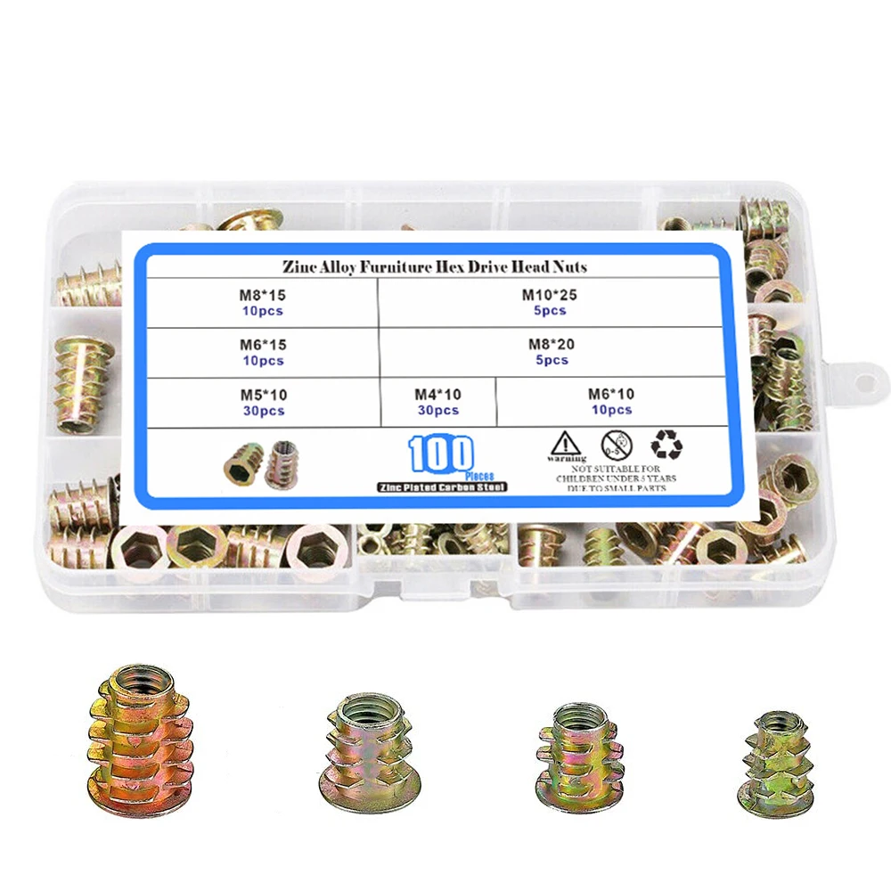 100pcs Threaded Inserts Nuts Zinc Alloy Screw Nut Inserts Assortment Hex Socket Drive Screw Inserts for Wood Furniture,Cabinet