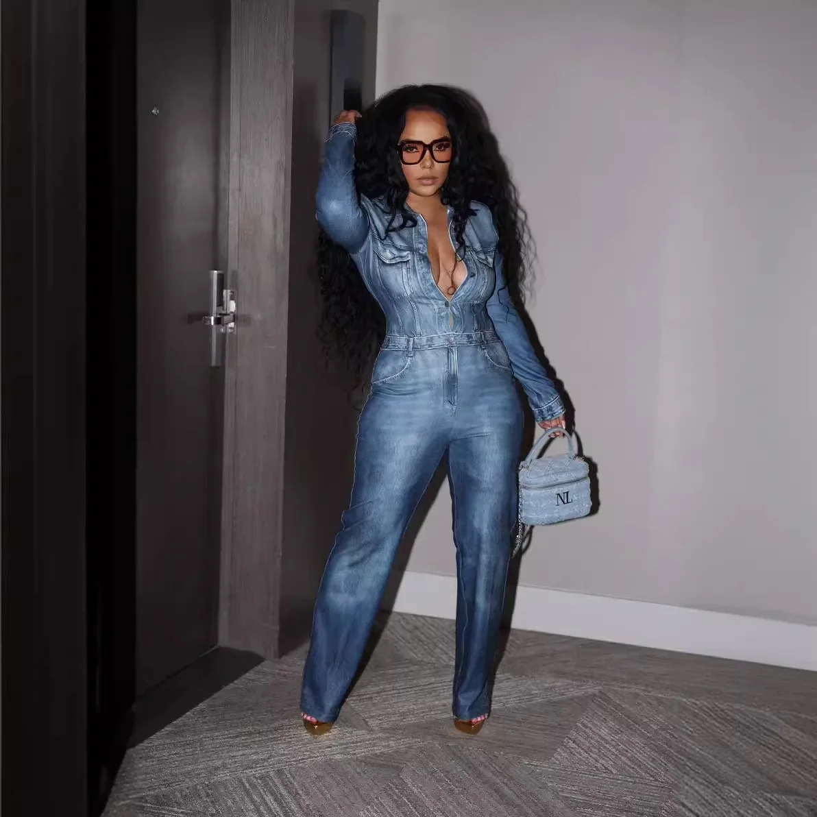 

Women Jumpsuits One Piece Faux Denim Overalls Autumn High Waist Party Turn Down Collar Wide Leg Long Pants Rompers Summer
