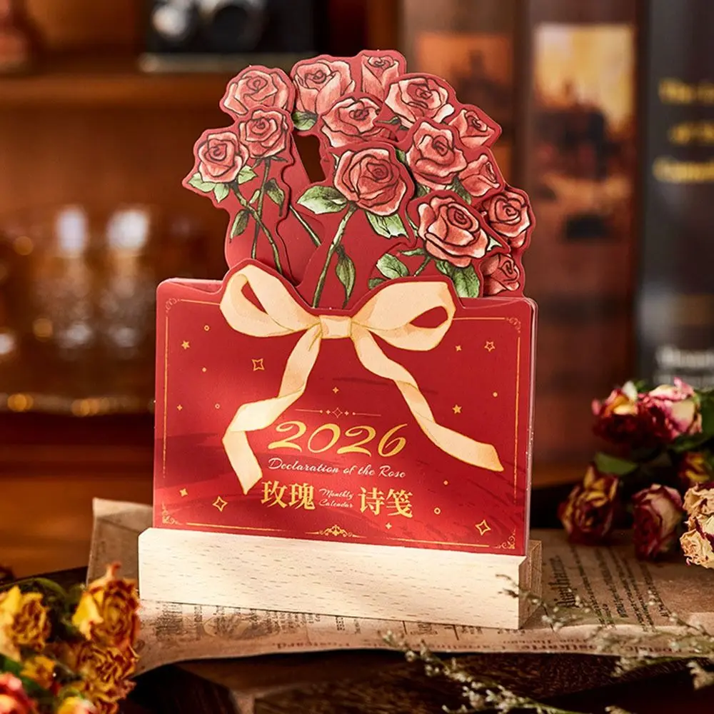 Creative 2026 Desk Calendar Card Insert Rose Painting Mini Calendar With Wooden Base Schedule Planner Gifts