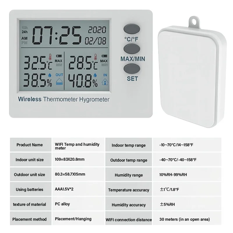 -A90P Wifi Wireless Thermometer Hygrometer Indoor Outdoor Digital Temperature Humidity Meter Large Screen Electronic Time