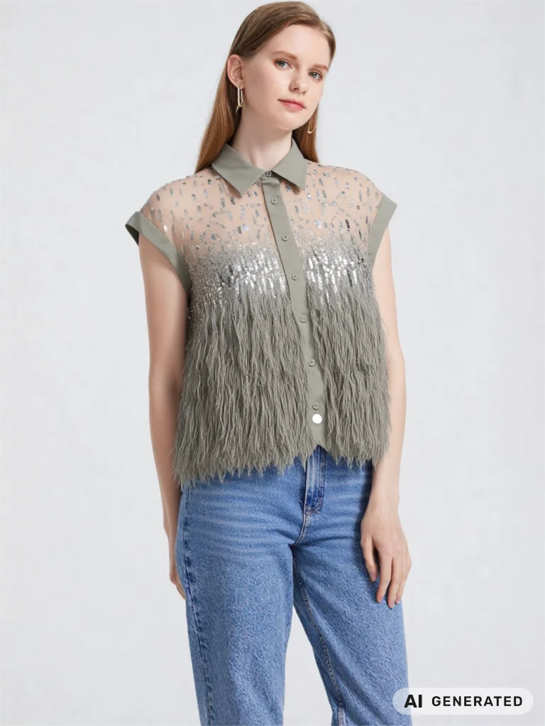 Women's Lapel Feather Embellishment Sleeveless Vest Silk Shirt