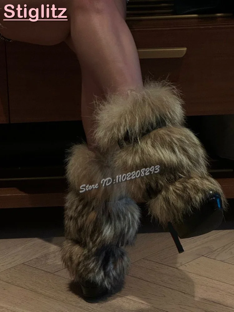 

Sexy Faux Fur Mid-calf Boots Brown Pointed Toe Cross-tied Fashion Stiletto Boots 2025 Autumn New Women's Warm High Heels Shoes