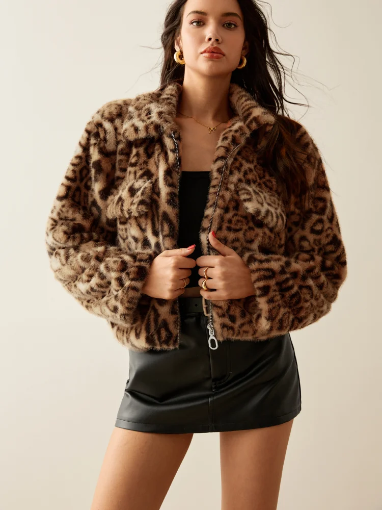 Faux Fur Furry Jacket For Women Long Sleeve Leopard Print Casual Coat Zipper Warm Female Outerwear 2024 Autumn Lady Streetwear