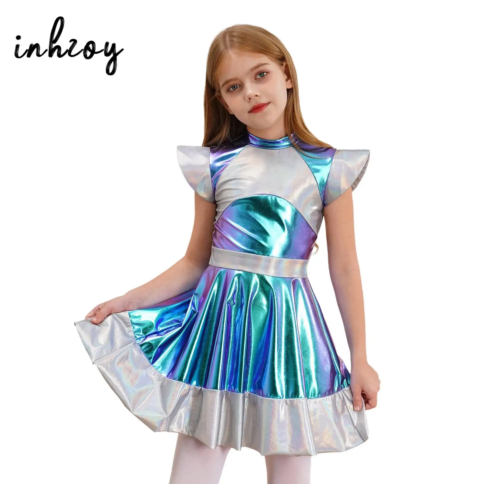 

Girls Halloween Alien Cosplay Costume Outer Space Cutie Cap Sleeve Glossy Metallic Dress Dance Performance Role Play Fancy Dress