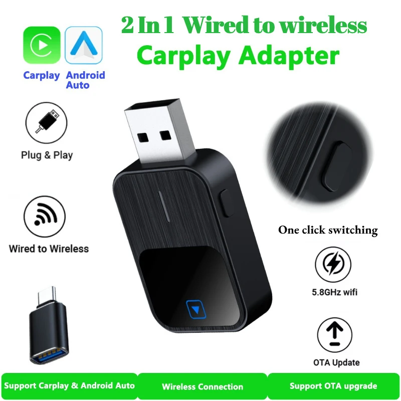 

2in1 CarPlay Adapter Wired to Wireless CarPlay and Android Auto AI Box Dongle 5GHz WiFi Plug and Play Fashionable and Portable