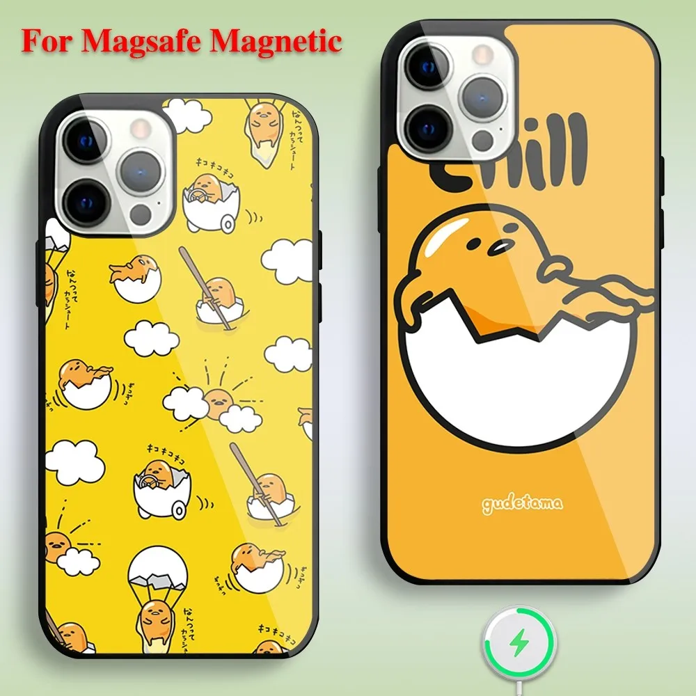 MINISO Sanrio Cute G-GUDETAMA Phone Case For iPhone 11 12 13 14 15 Max Plus Pro Magnetic Glass Magsafe Charging Shell