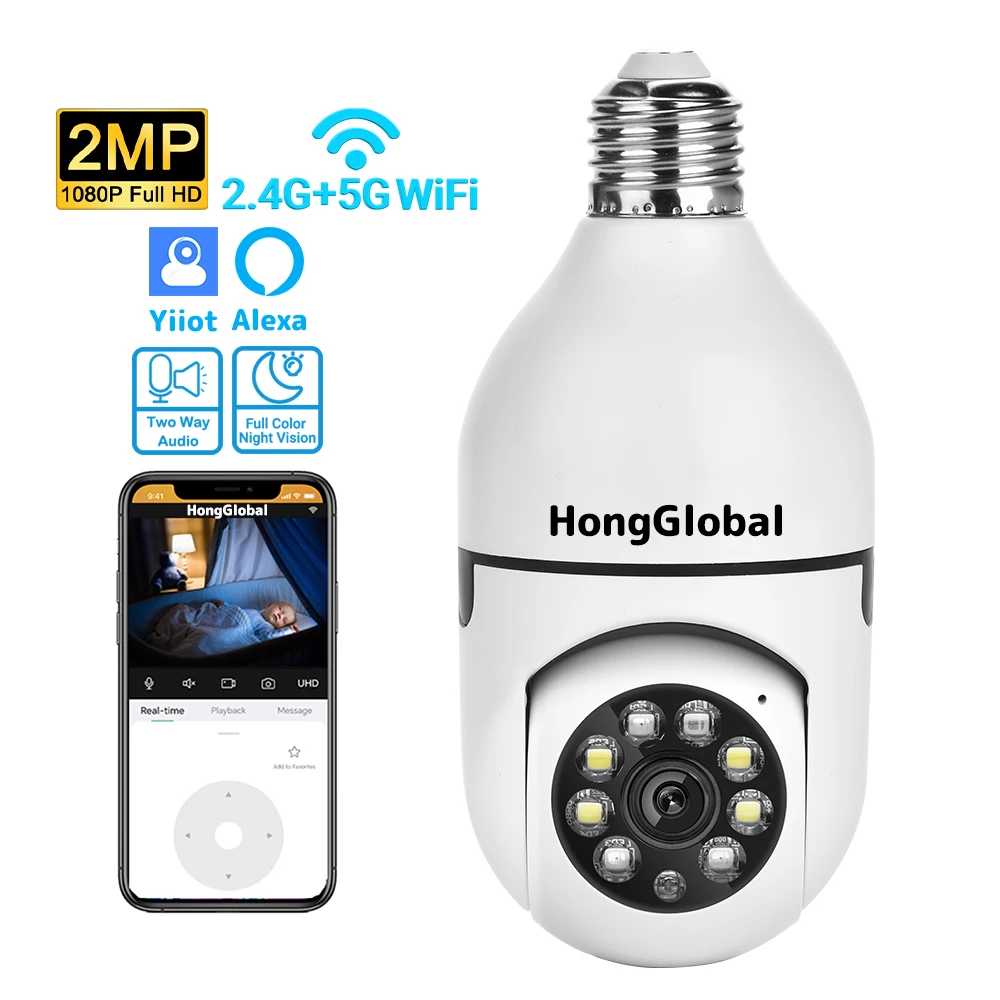 HongGlobal 2MP Night Vision PTZ IP 360 Wireless WiFi Bulb Camera Yiiot Monitor 5G WiFi Surveil CCTV Bulb Home Security Camera