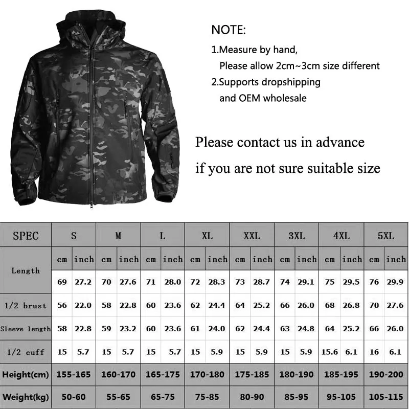 HAN WILD Hunting Jackets Soft Tactical Jacket Man Combat Waterproof Fleece Men Clothing Coat Windbreakers 5XL