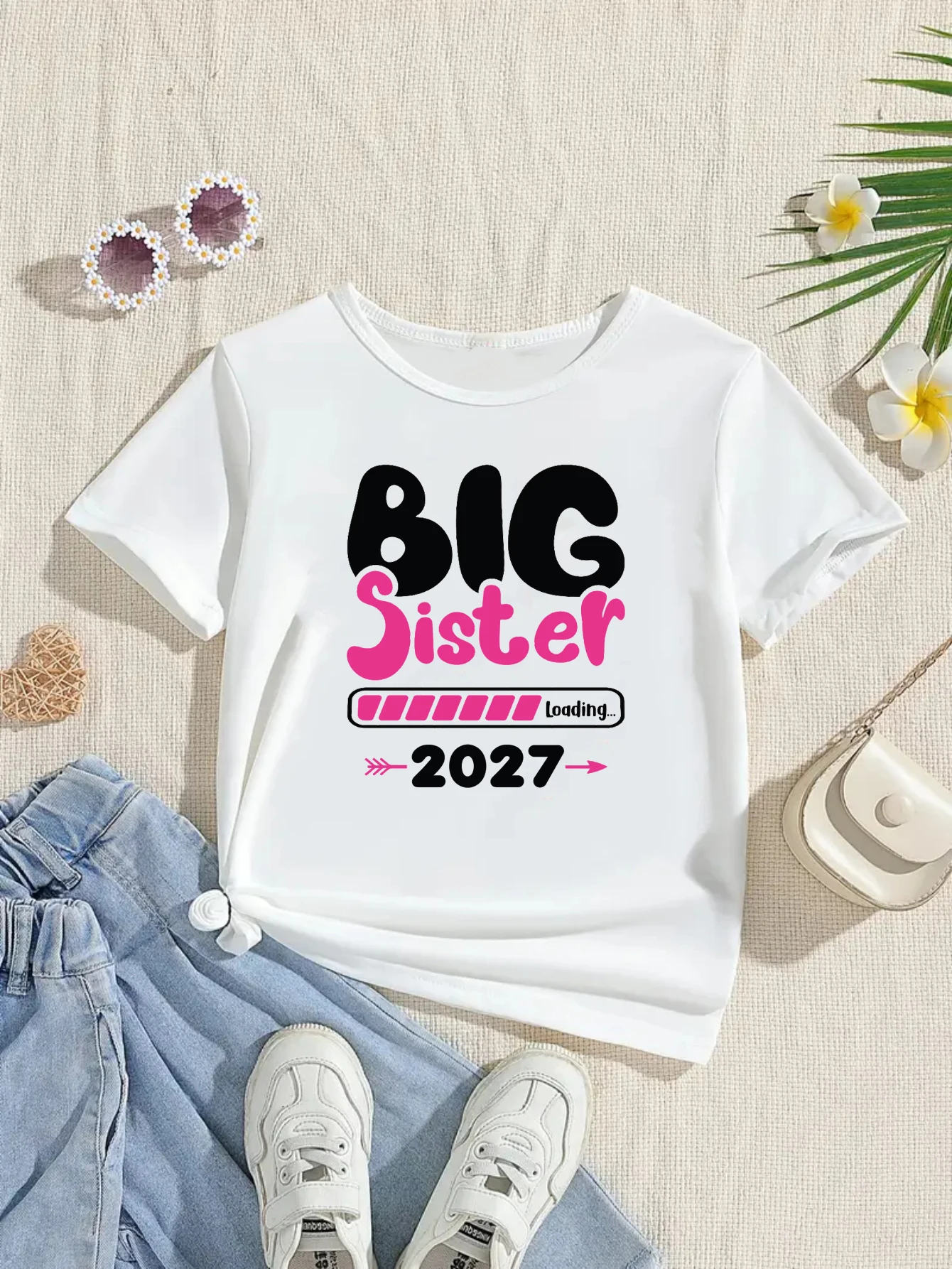 Big Sister Loading 2027 Printed T Shirt Girls Funny Kids Clothes Pregnancy Announcement T-Shirt