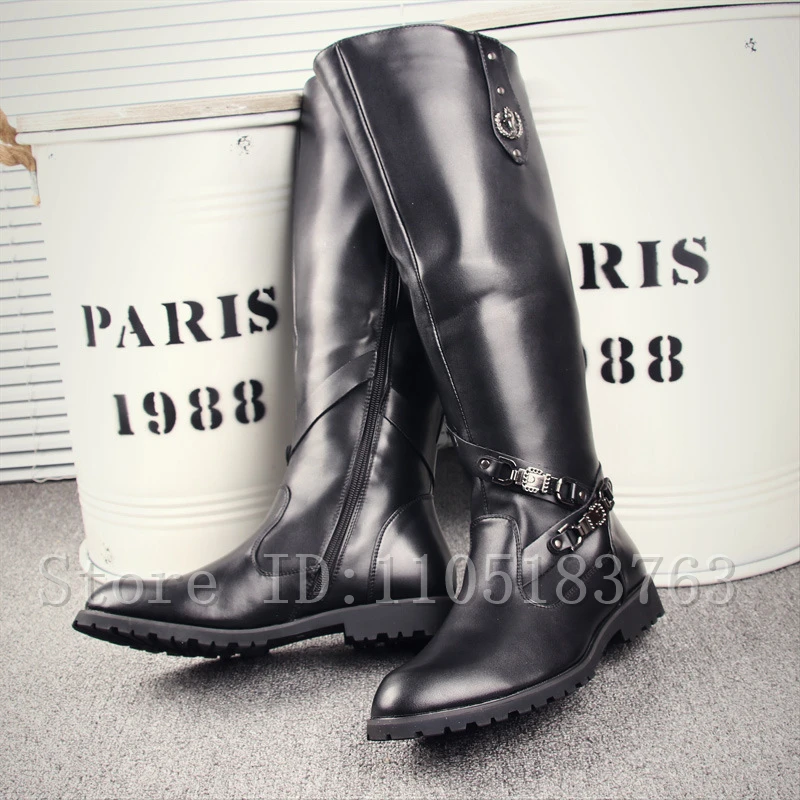 Winter New Men Black Pu Leather Long Boots British Retro Metal Decor Back Lace Up Belt Buckle Motorcycle Riding Boots