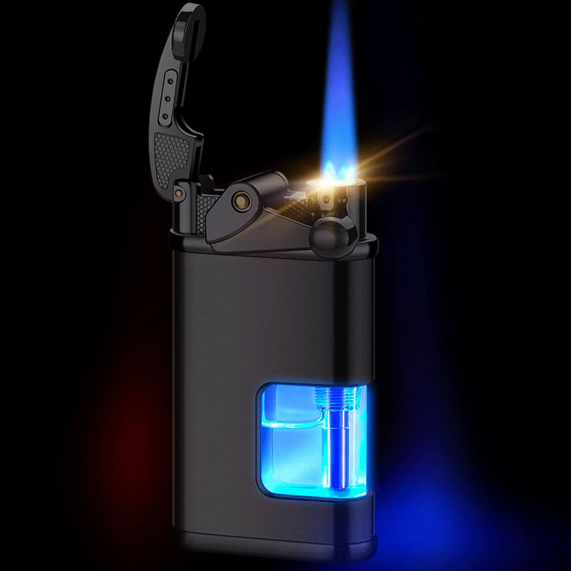 Outdoor Windproof Butane Gas Lighter Metal Rocker Ignition Turbo Torch Blue Flame Jet Unusual Cigar Lighter Men Gift