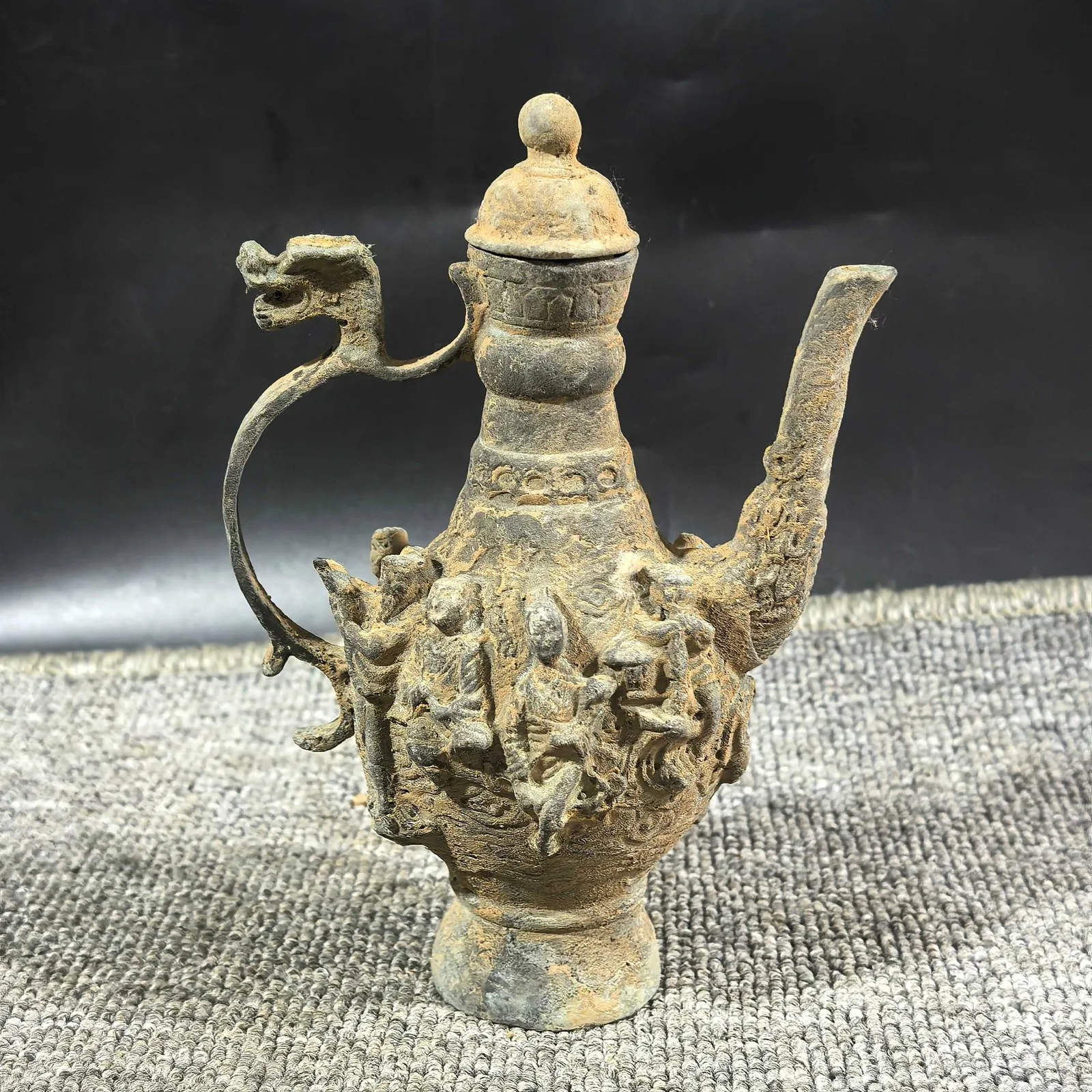 Eight Immortals Dragon Phoenix Wine Pot Bronze Archaic Tea Ceremony Vessel
