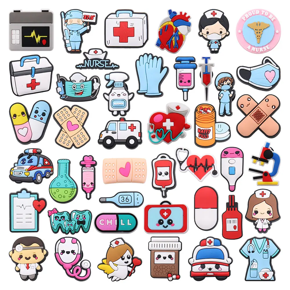 1pcs First Aid Kit Ambulance Syringe Nurse Doctor Thermometer Stethoscope PVC Shoe Decoration Buckle Charms Accessories Kid Gift