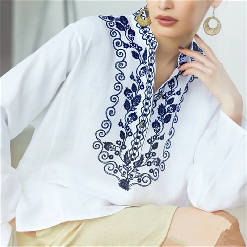 Women's Floral Sophia Shirt A Line Shirts With Deep v-neck Long Sleeve Side Vents Greek Embroidery Shirts and Tops