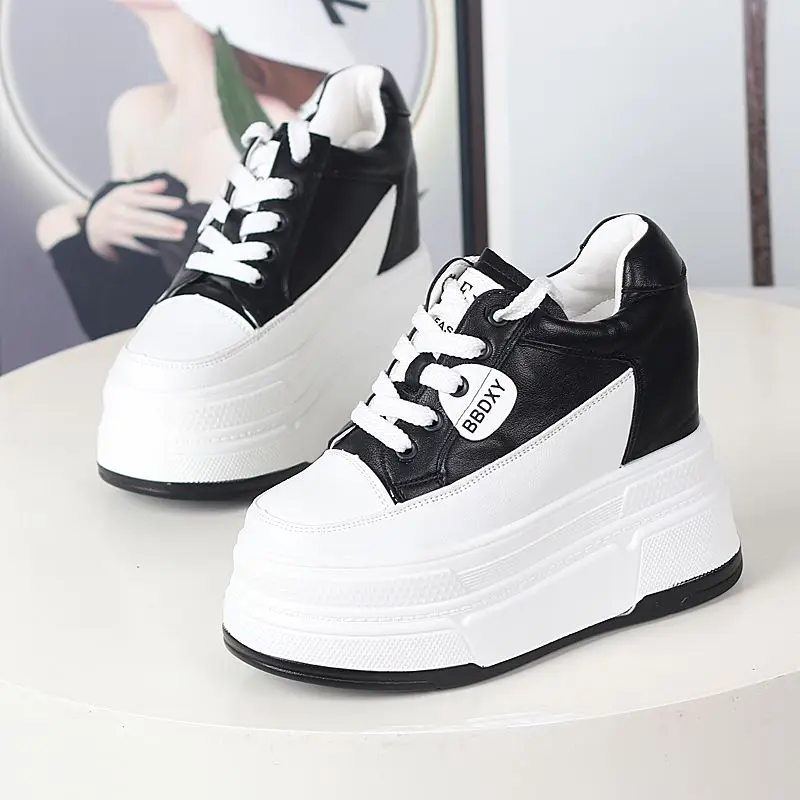 

12CM Genuine Leather Platform Sneakers Wedge Shoes Women Breathable Sneakers Autumn Casual Shoes Hidden Heel Zapatillas Mujer