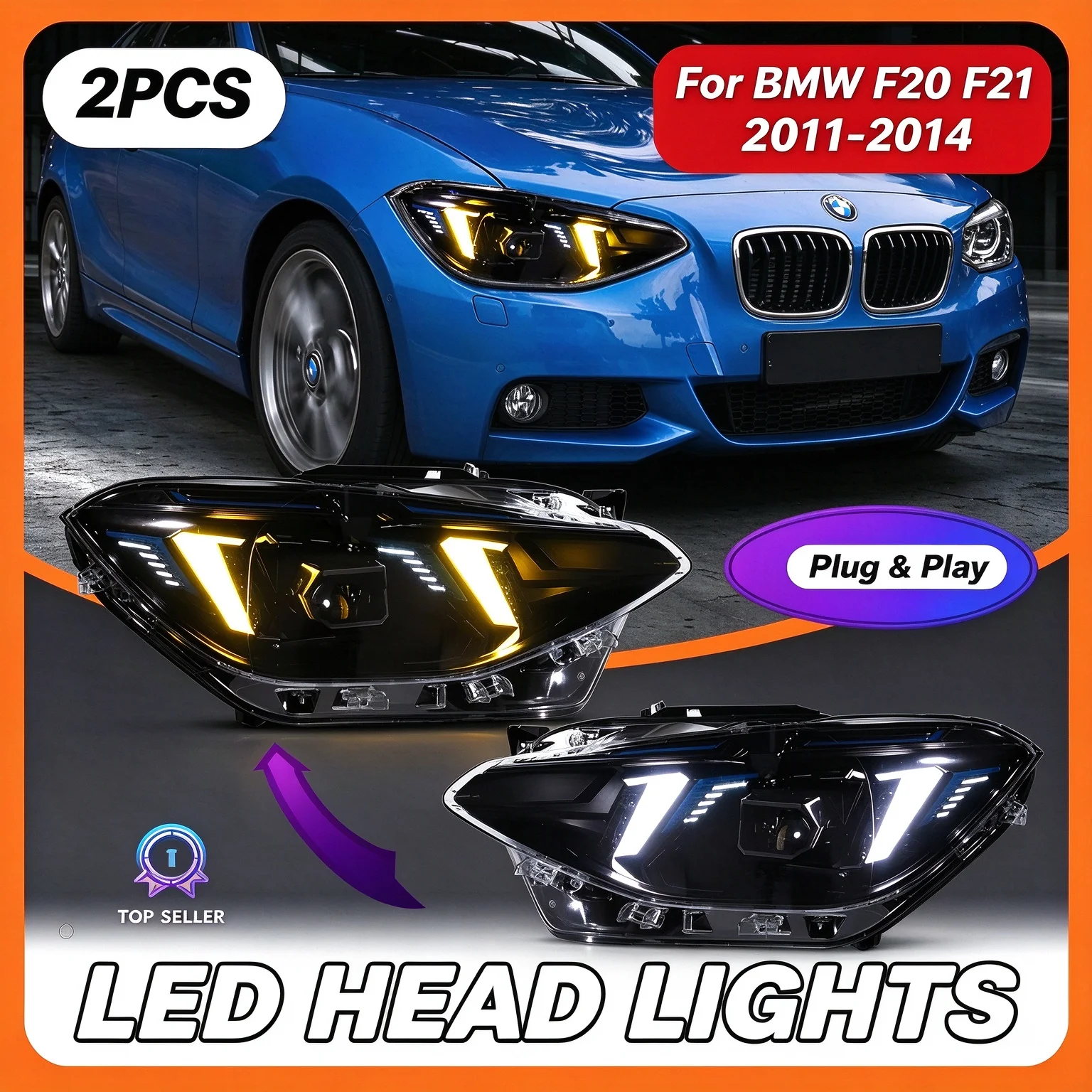 LED-Scheinwerfer für BMW F20 F21 2011-2014 Snake Eyes CSL Gelbes Tagfahrlicht, Fern- und Abblendlicht, Blinker-Baugruppe, Plug & Play